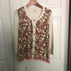 J. Jill linen blend cardigan sweater XL floral paisley cream coral cotton spring